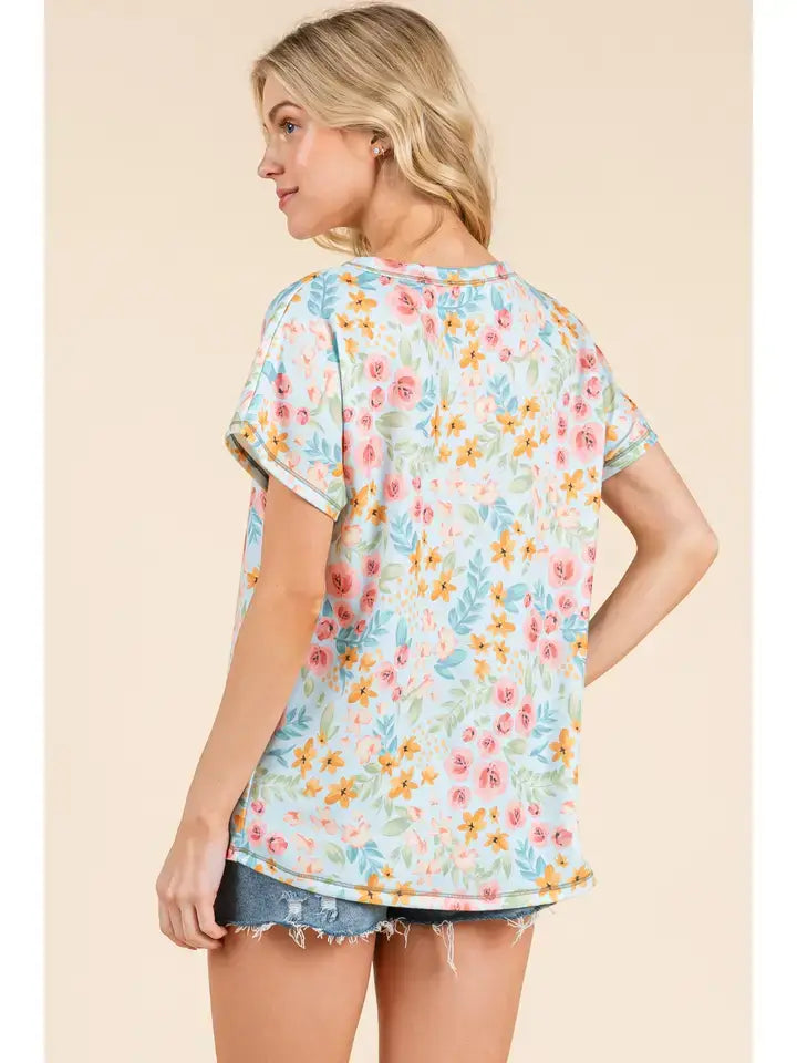SKYBLUE FLORAL KNIT SHORT SLEEVE TOP