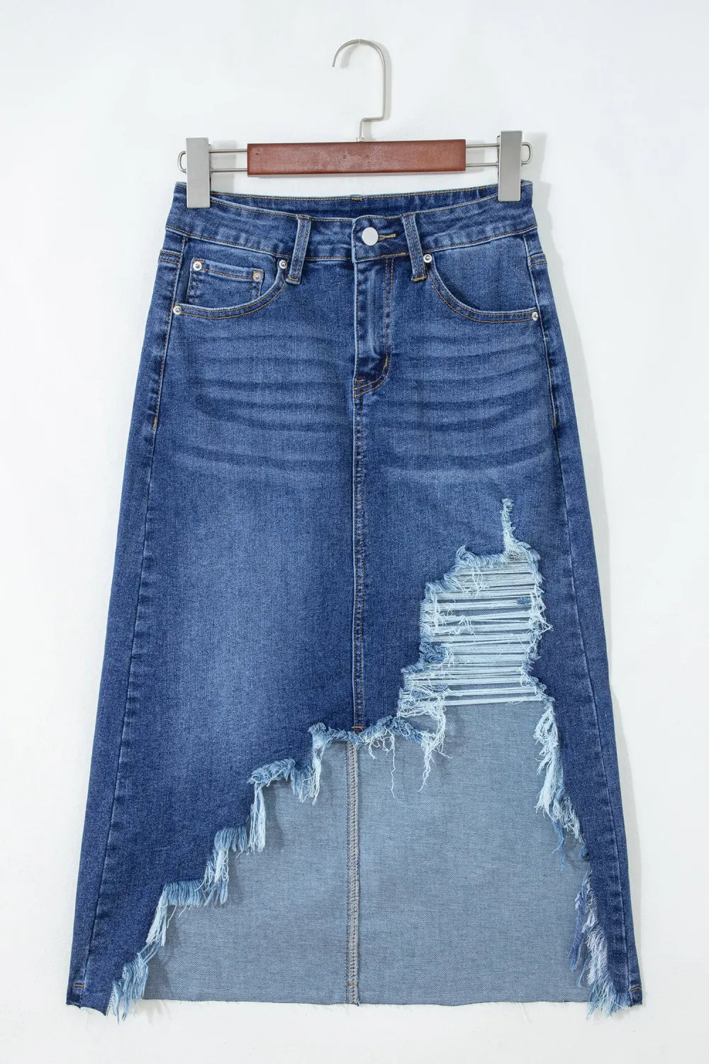 DENIM SKIRT WITH DISTRESSED HEM