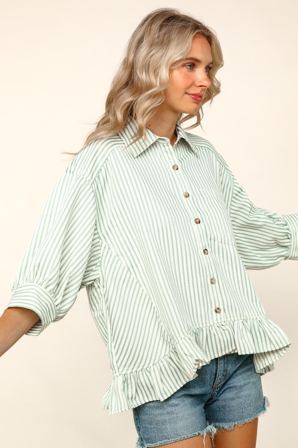 SAGE STRIPED BUTTON DOWN RUFFLE TOP
