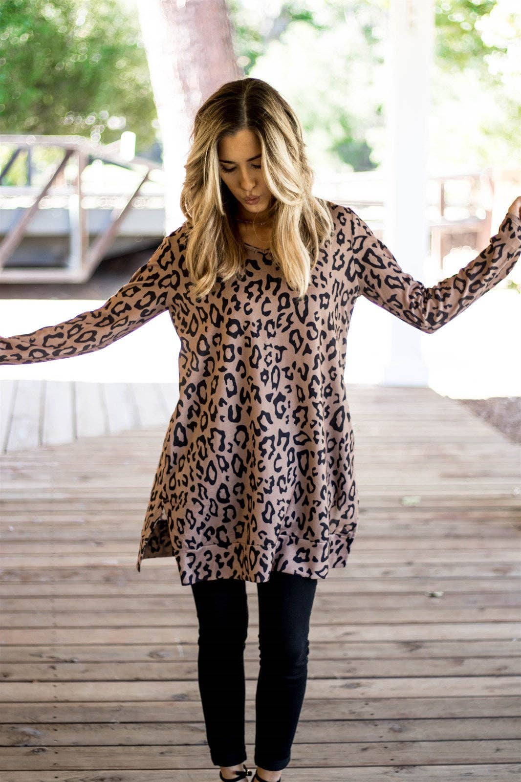 TAUPE ANIMAL PRINT SLIT HEM TUNIC