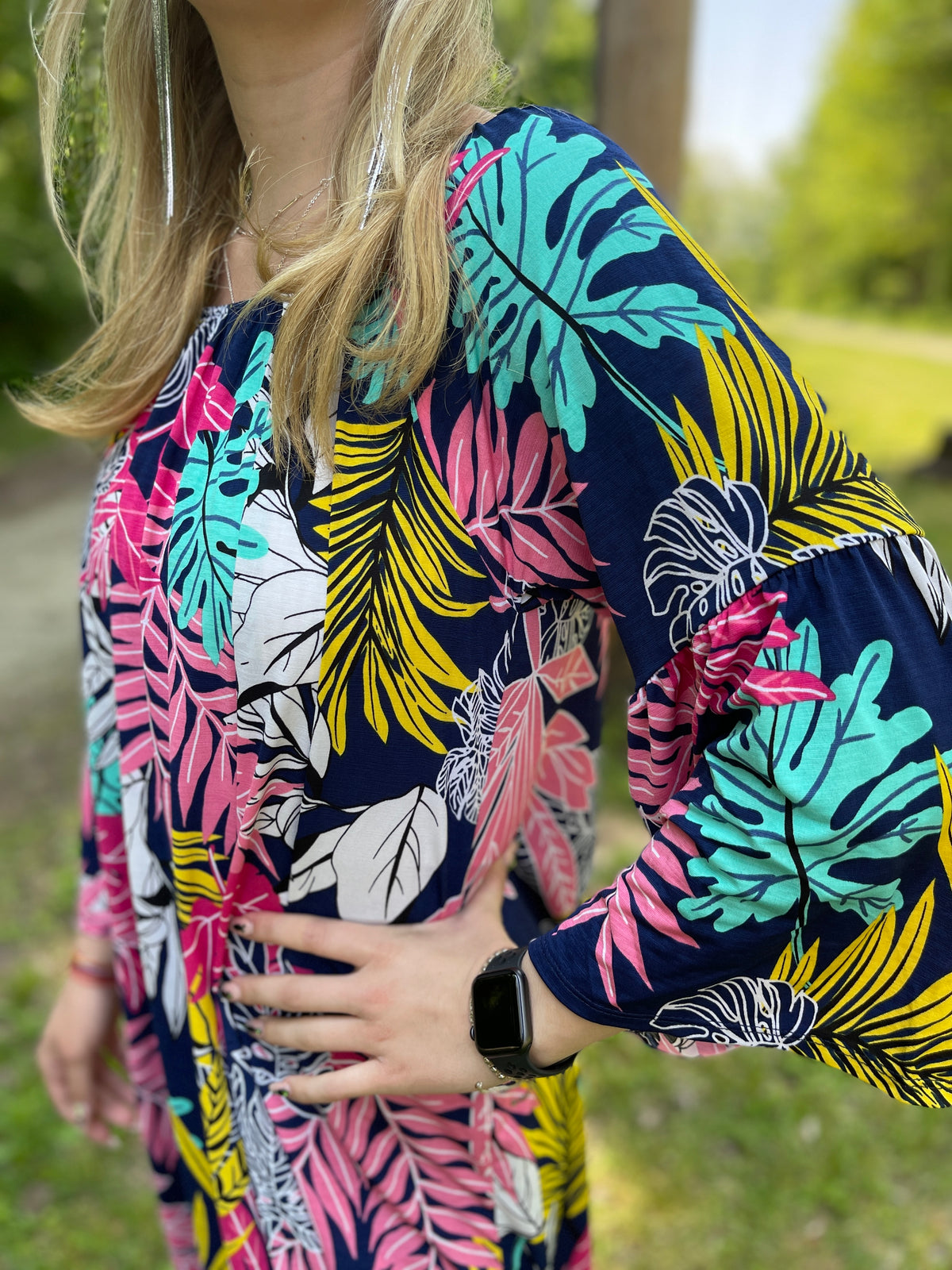 NAVY/FUCHSIA FLORAL TROPICAL OFF THE SHOULDER DRESS