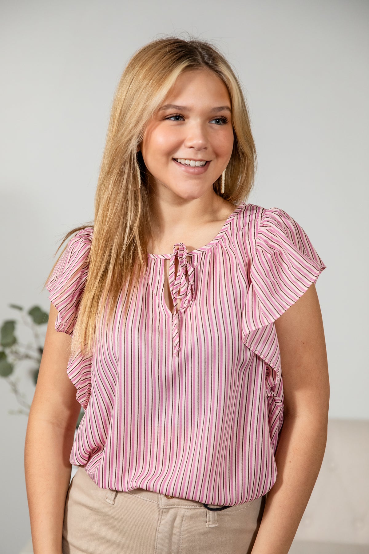 PINK STRIPED FRONT TIE BLOUSE