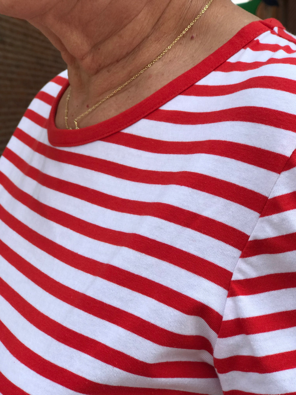 RED STRIPED LADDER SLEEVE KNIT TOP