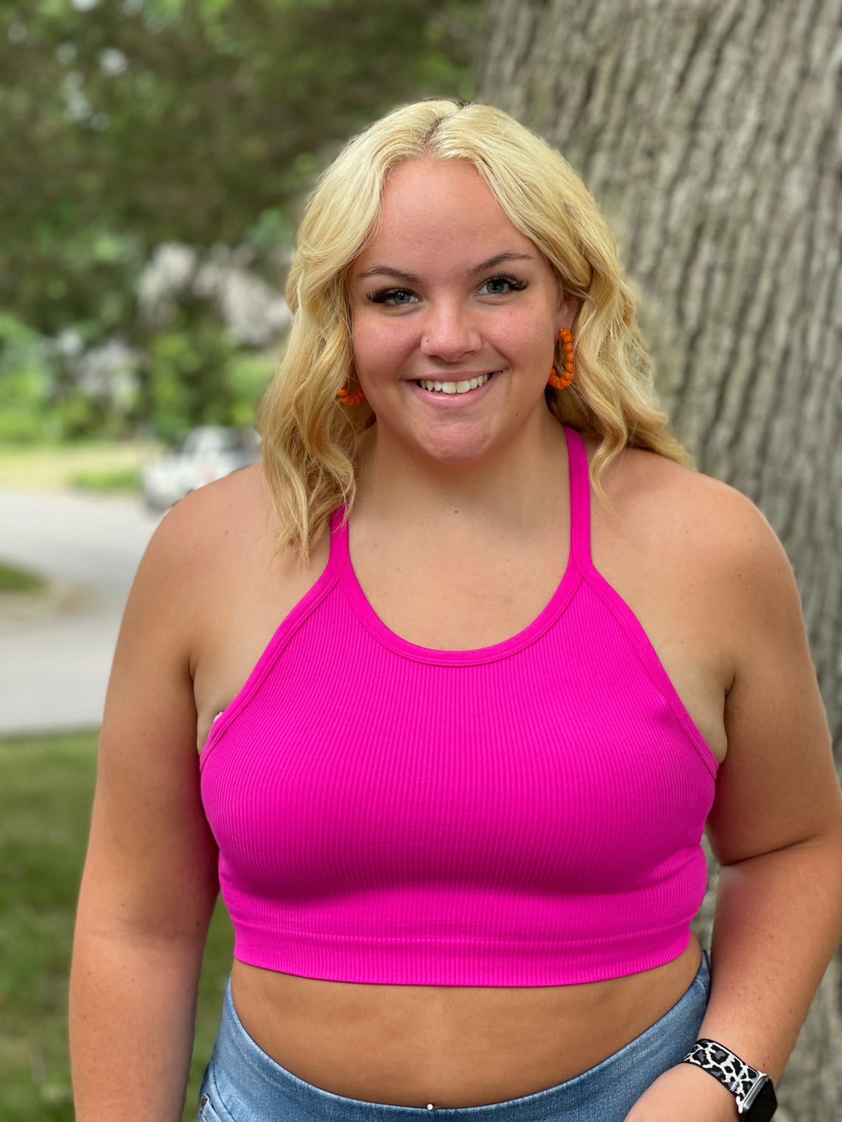 NEON HOT PINK RIBBED BRALETTE CAMI TANK