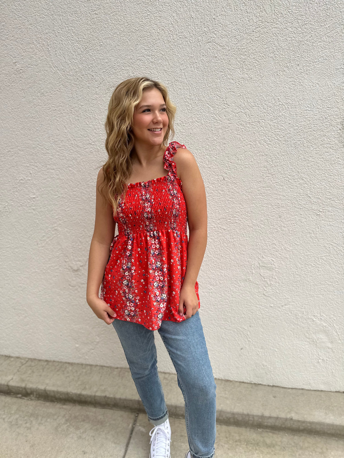 RED FLORAL SMOCKED TOP TANK