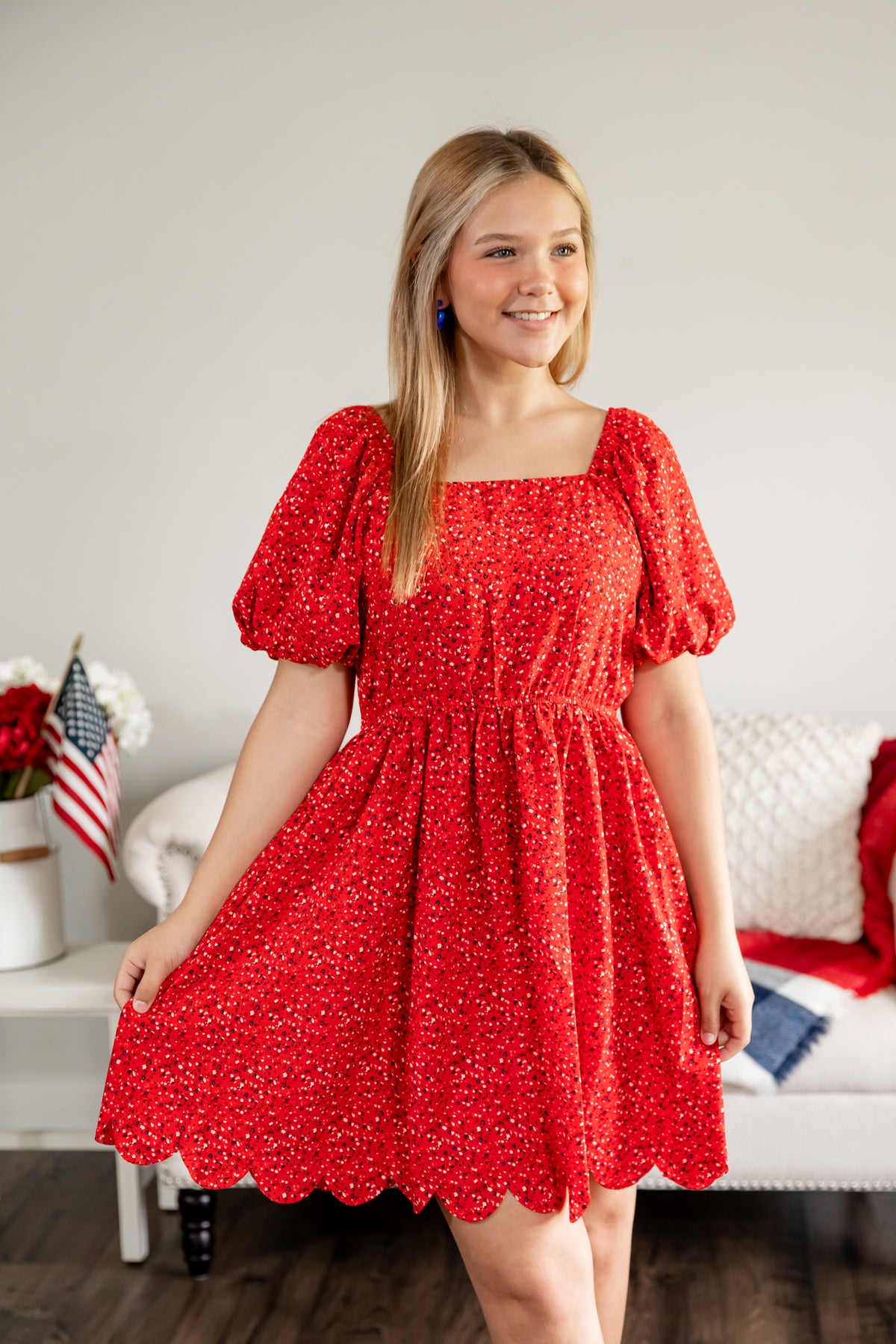 RED SQUARE NECK FLORAL DRESS