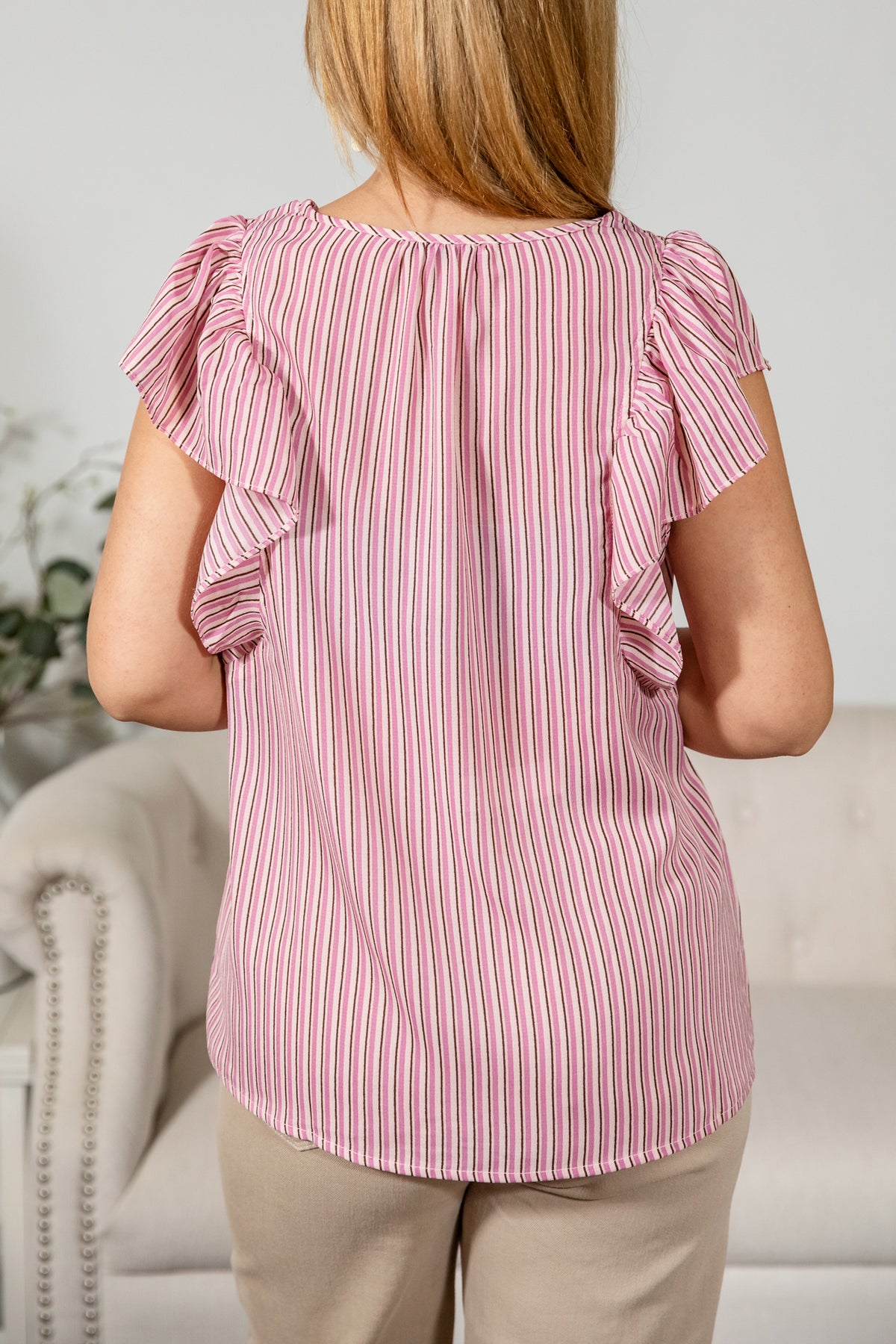 PINK STRIPED FRONT TIE BLOUSE