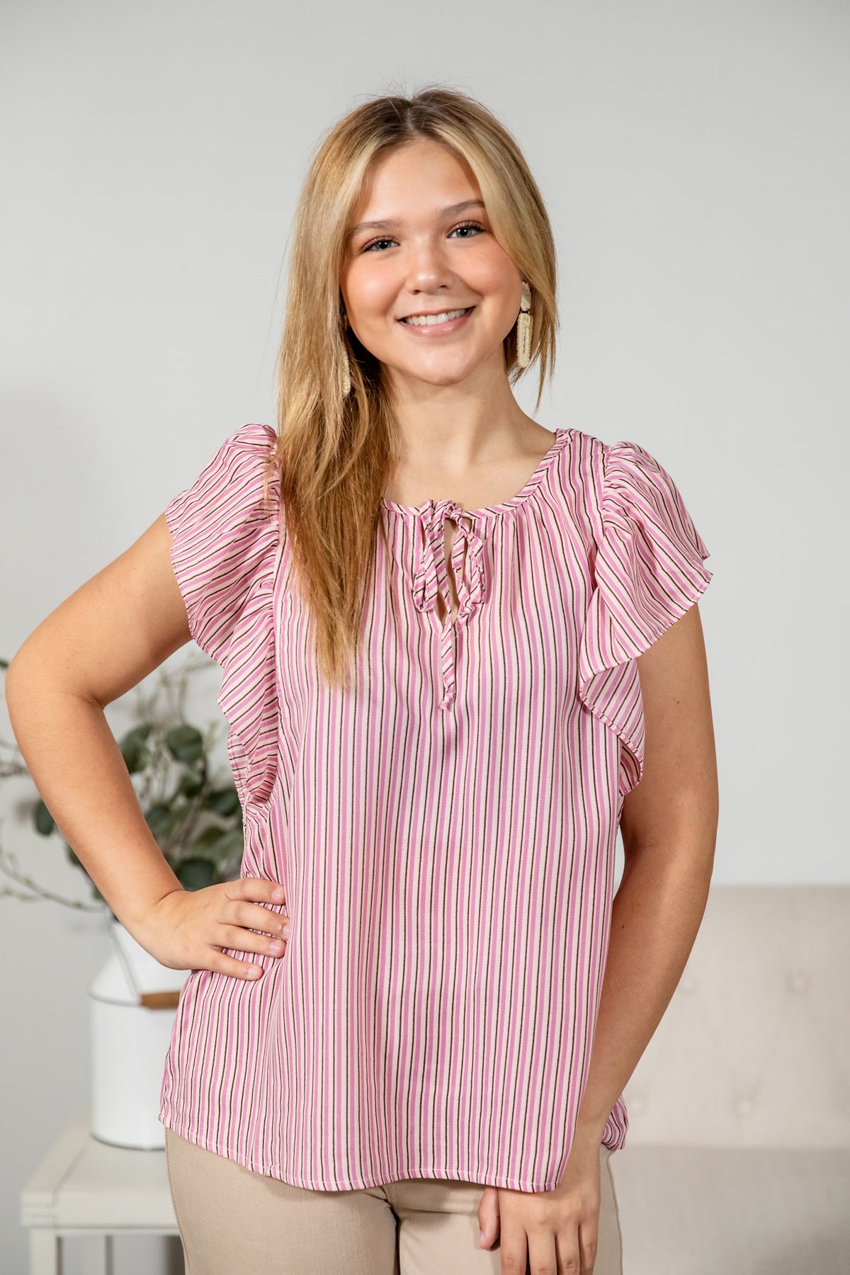 PINK STRIPED FRONT TIE BLOUSE