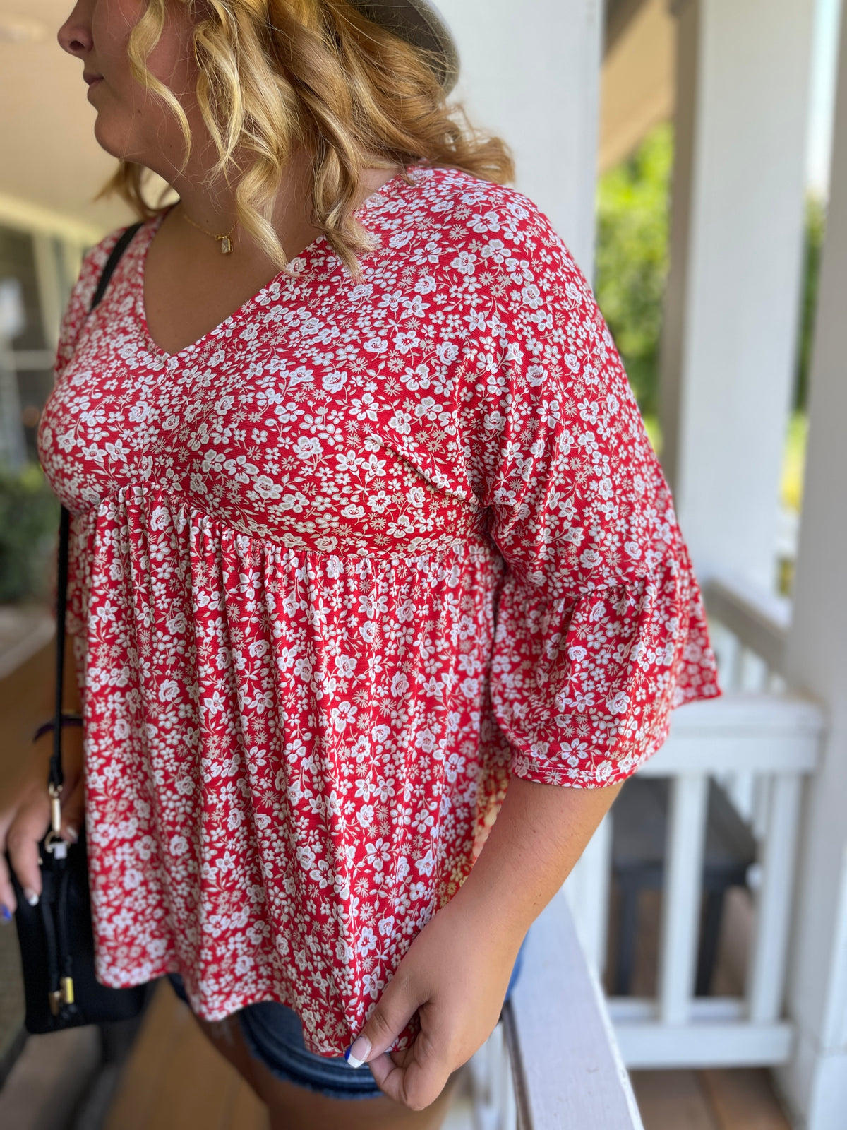 RED FLORAL 3/4 SLEEVE BABYDOLL TOP