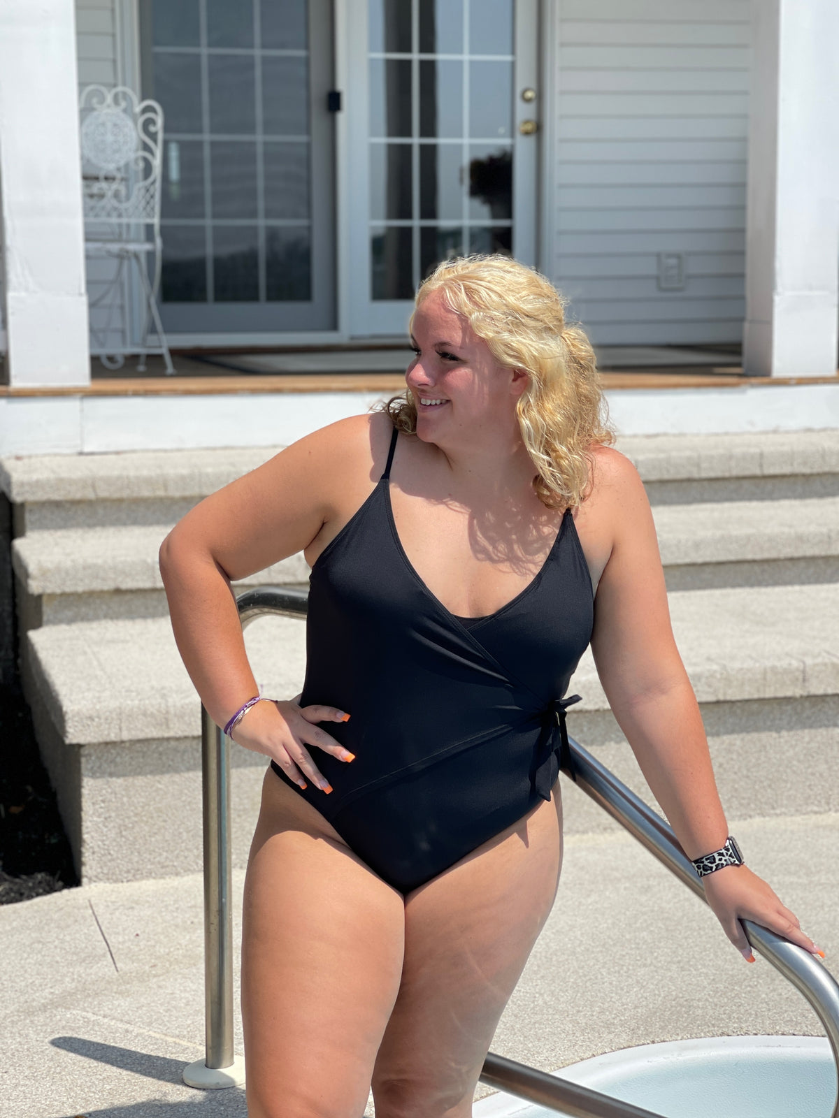 BLACK ONE PIECE SWIMSUIT W/ SURPLICE FRONT AND TIE