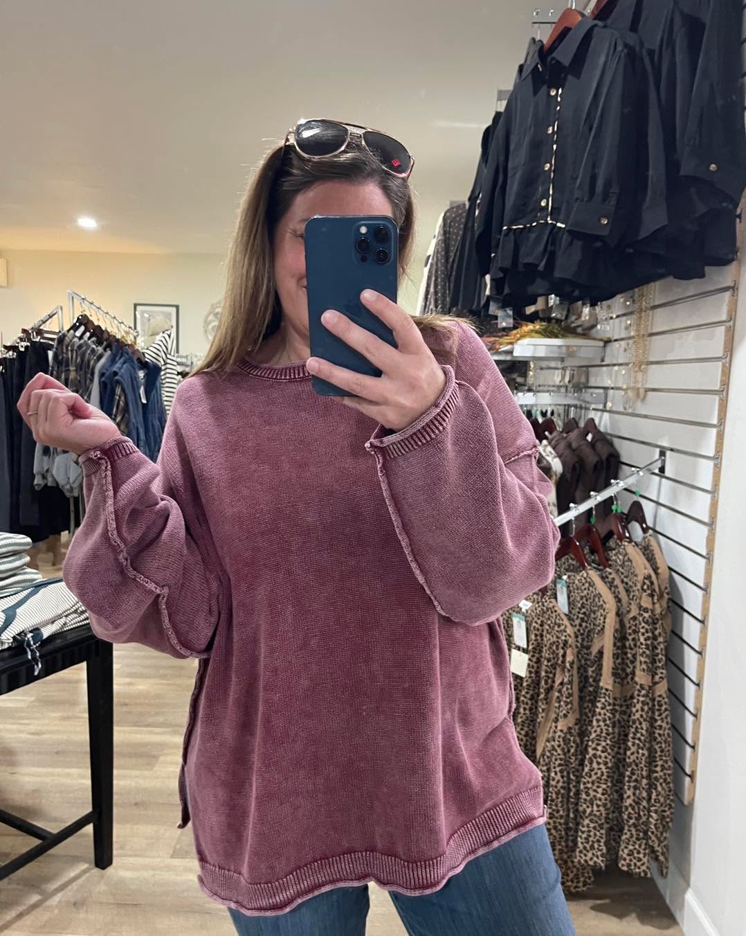 BURGUNDY MINERAL WASH OVERSIZED SWEATER
