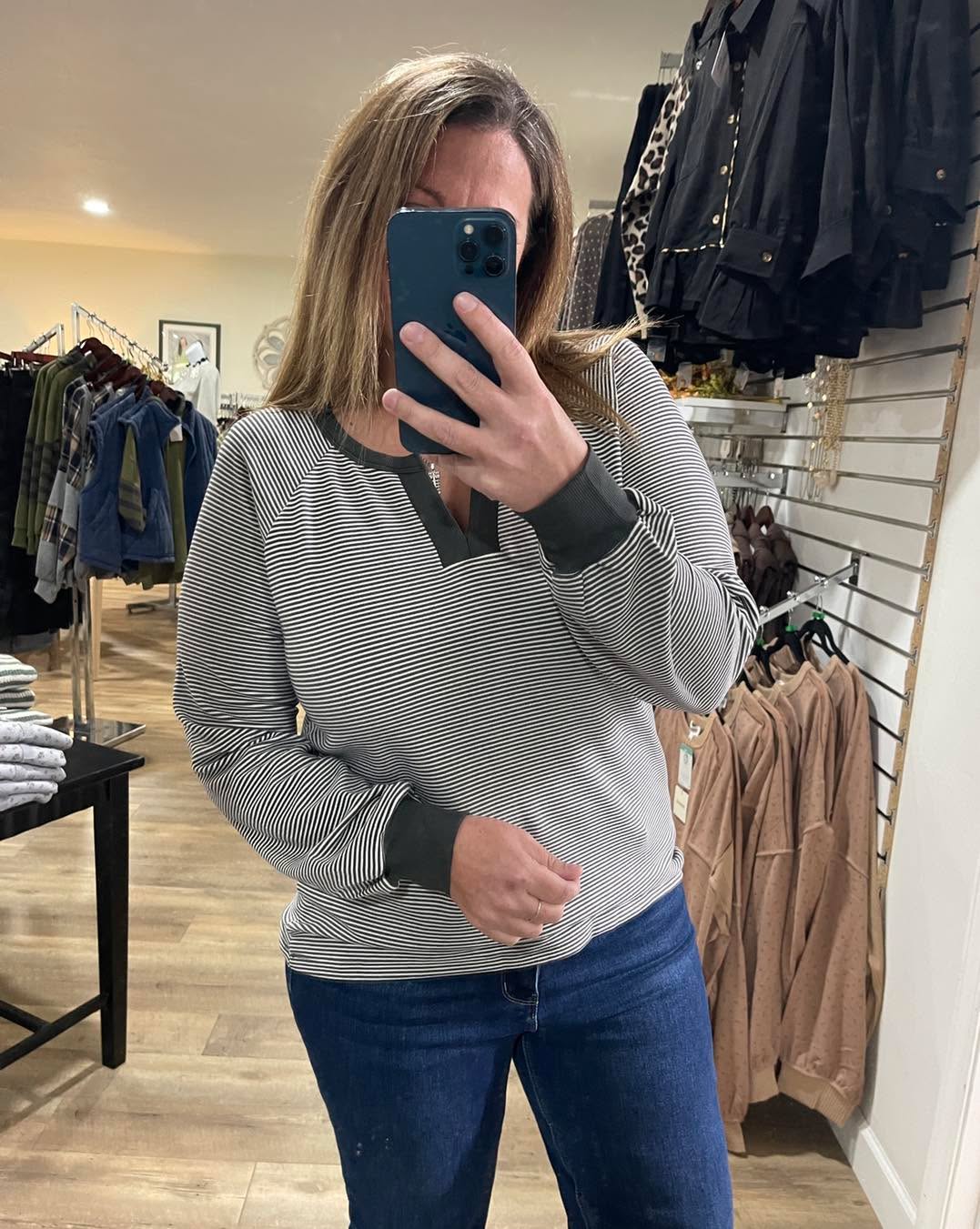 Charcoal Y Split Neck, Long Sleeve, Micro Brushed Stripe Top