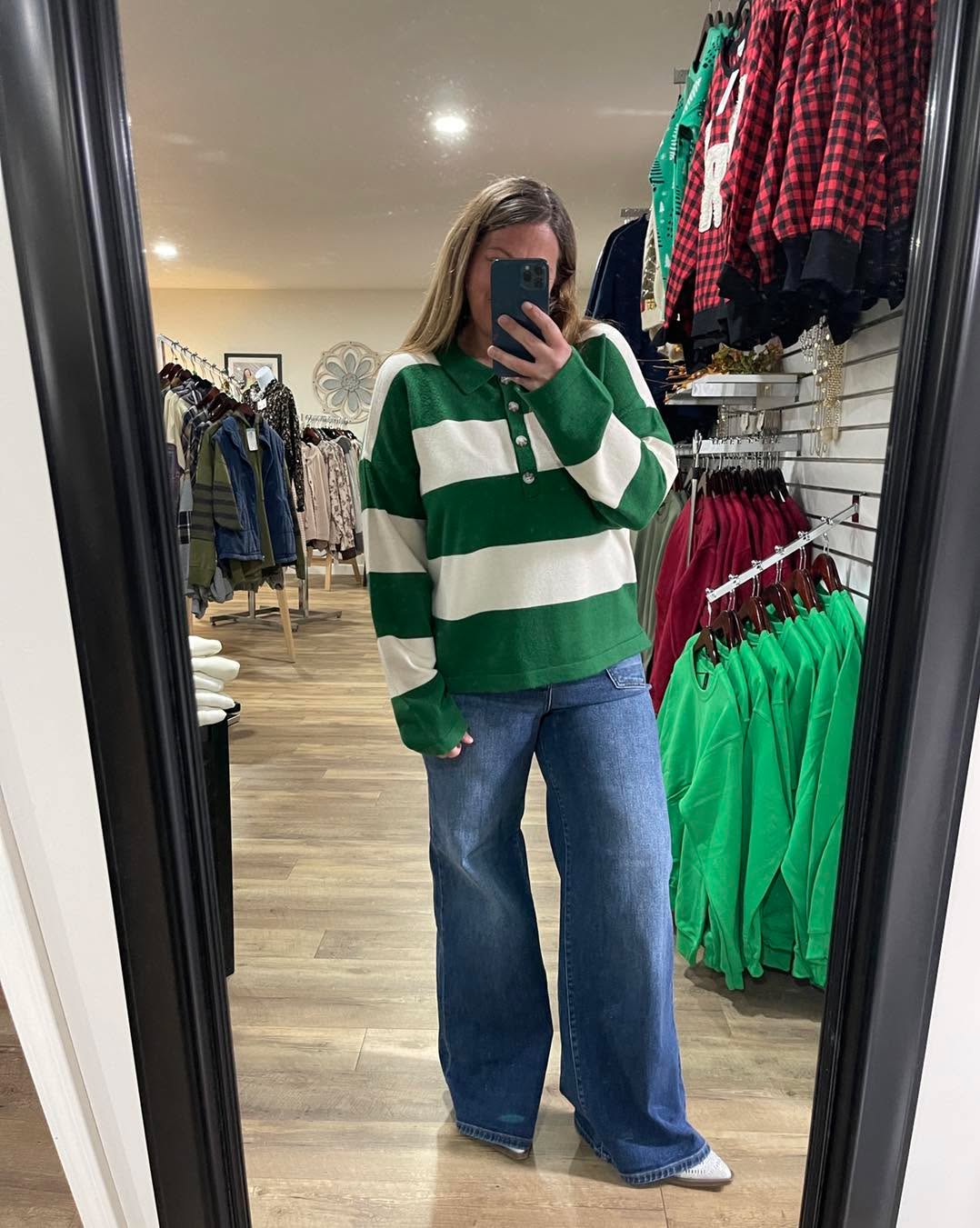 Green Wide Striped Button Neckline Oversized Sweater