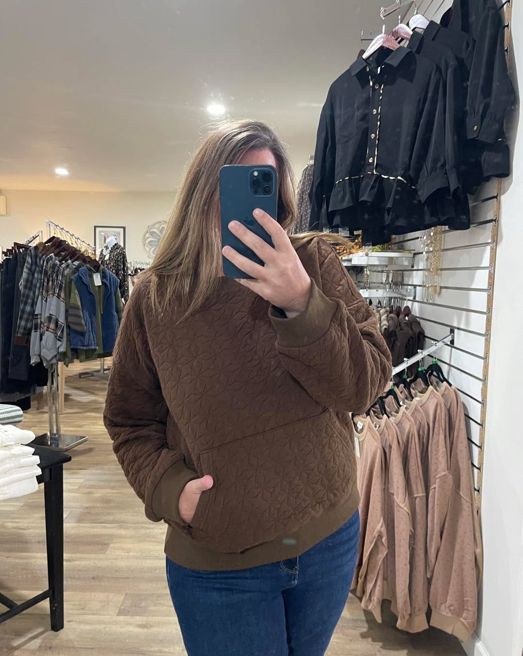 BROWN Crew Neck, Kangaroo Pocket, Quilted Texture Pullover