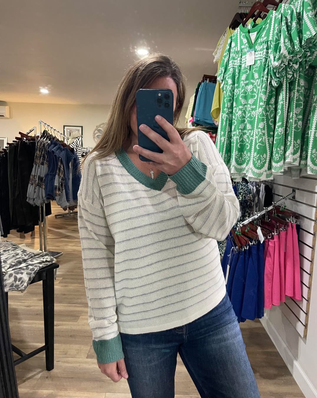 IVORY/JADE Color Accent Rib Band, Long Sleeve, Striped V Neck LIGHT WEIGHT SWEATER