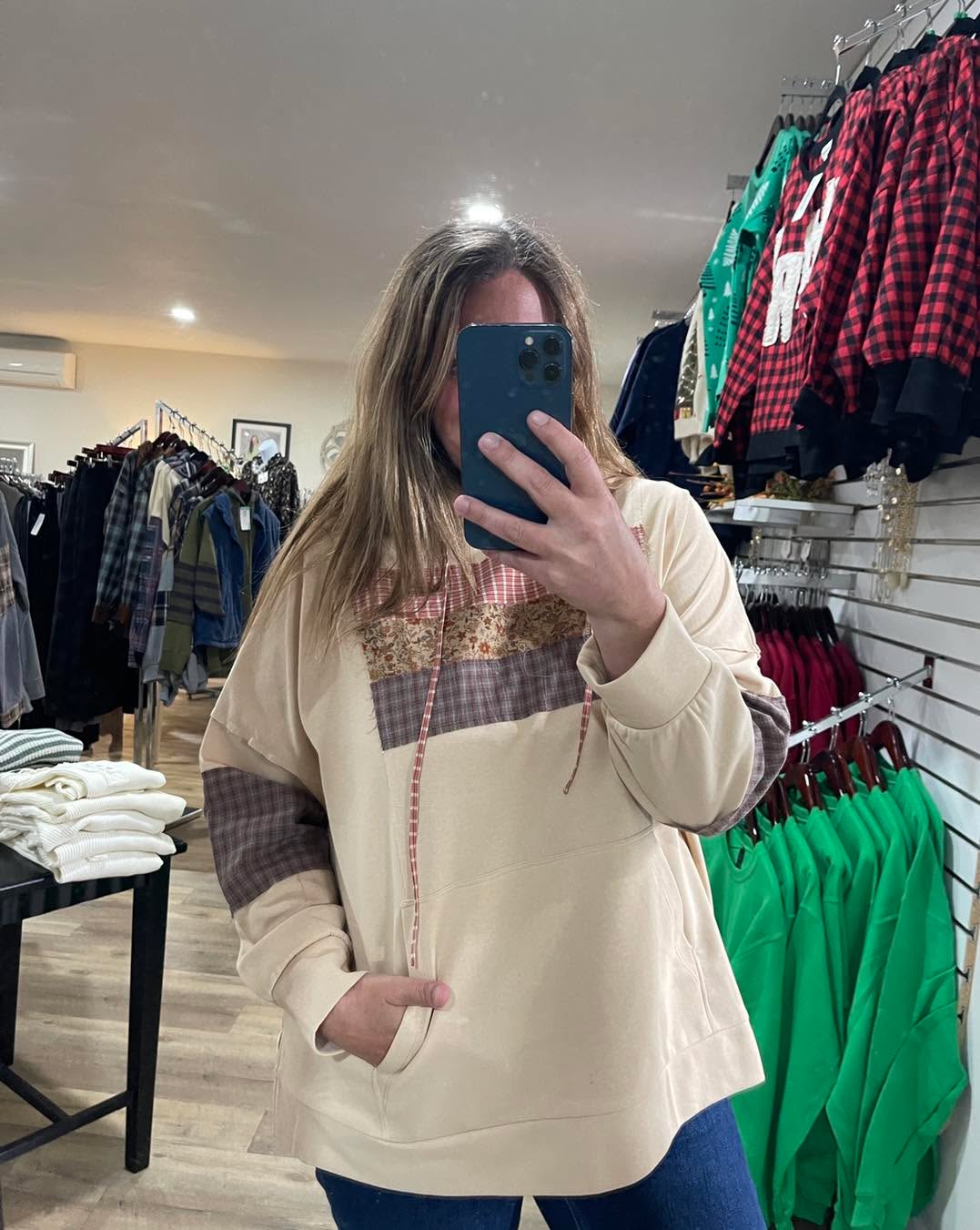 Oatmeal Drop Shoulder Long Sleeve Loose Fit Plaid Check Floral Print Hoodie