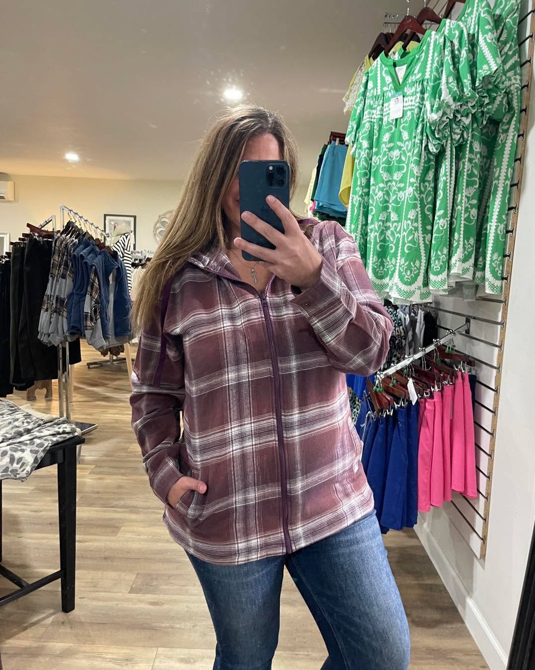 PLUM PLAID ZIP UP HOODED TOP W/ POCKETS