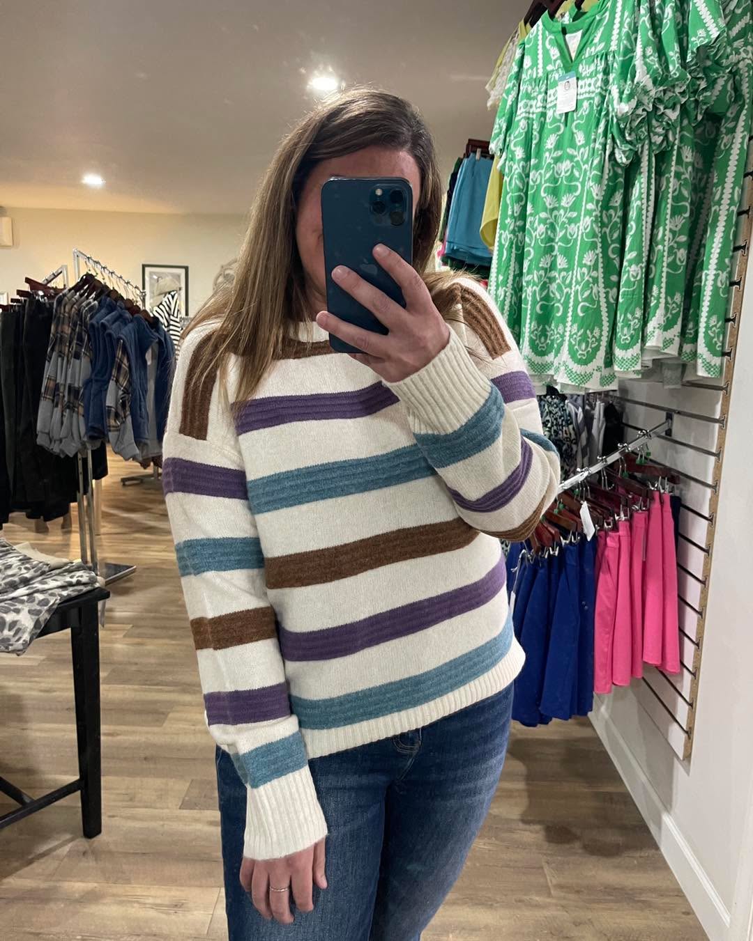 PURPLE/BLUE Multi Color Pintuck Texture Striped, Long Sleeve SWEATER