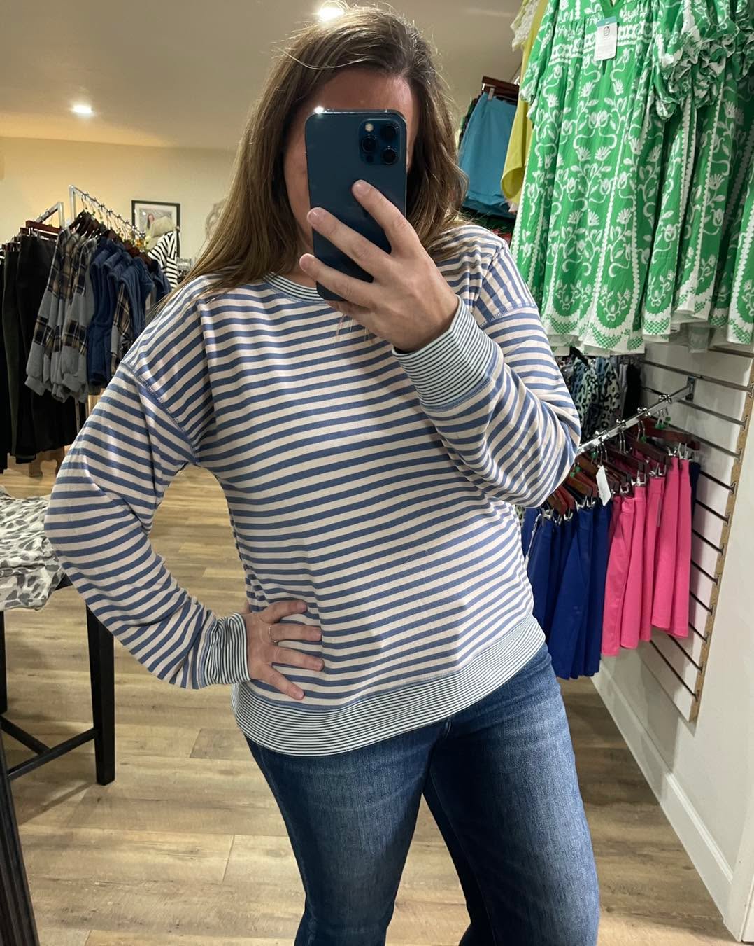Denim Blue Crew Neck, Drop Shoulder, Long Sleeve, Micro Brushed Knit top