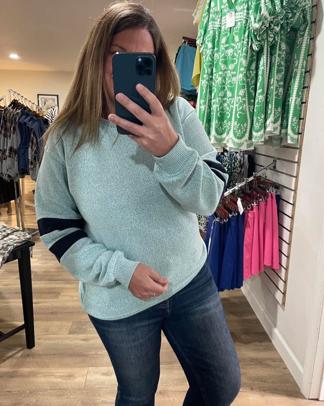 SEA GREEN Nantucket Crewneck Pullover With Sleeve Stripes