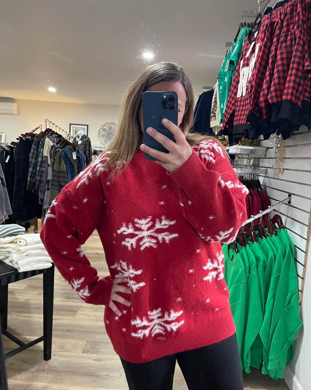 Red Round Neck Long Sleeve Loose Fit Oversized Puffy Snowflake Jacquard Pullover Sweater