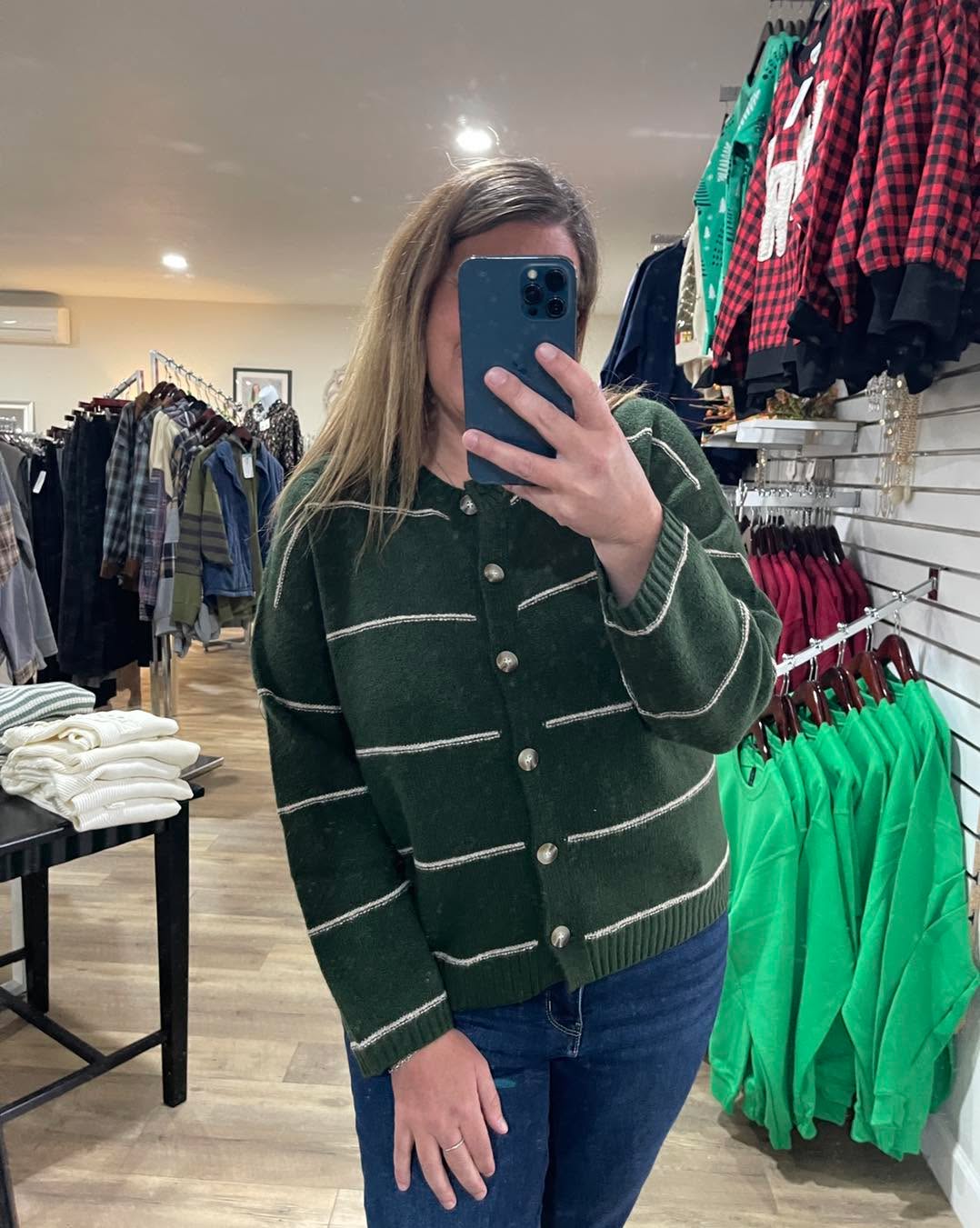 Hunter Green Thin Stripe Round Neck Button Down Cardigan