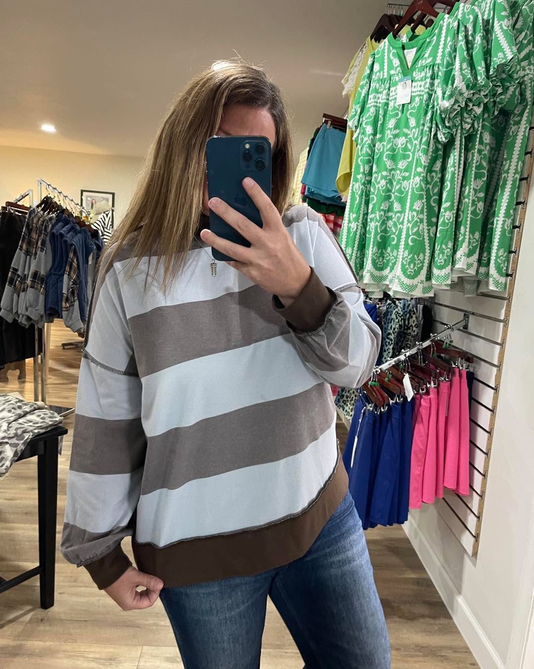 BLUE/BROWN BOLD STRIPE MOCK NECK