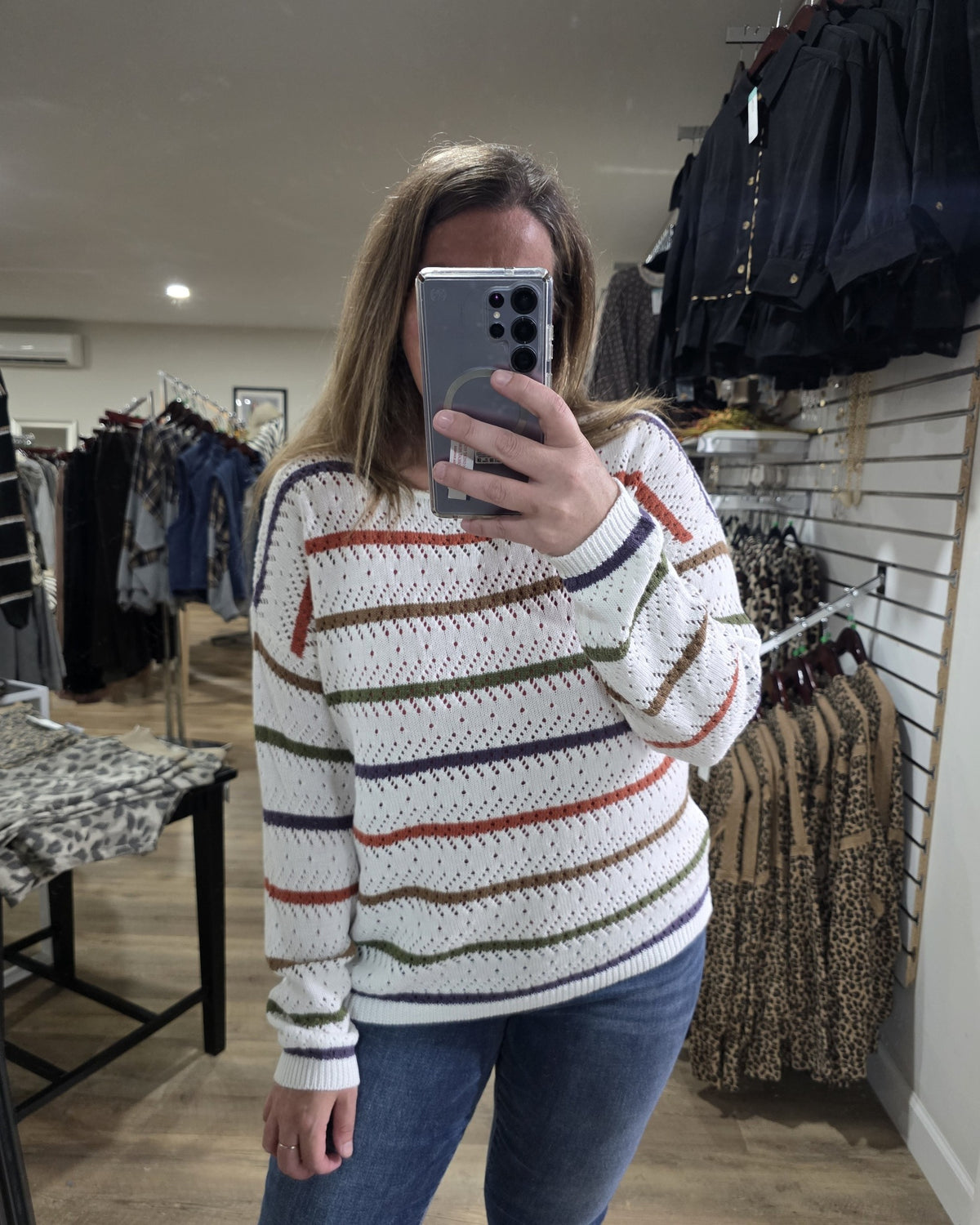RUST/MOCHA Crochet, Multi Color Striped, Wide Crew Neck Knit Top