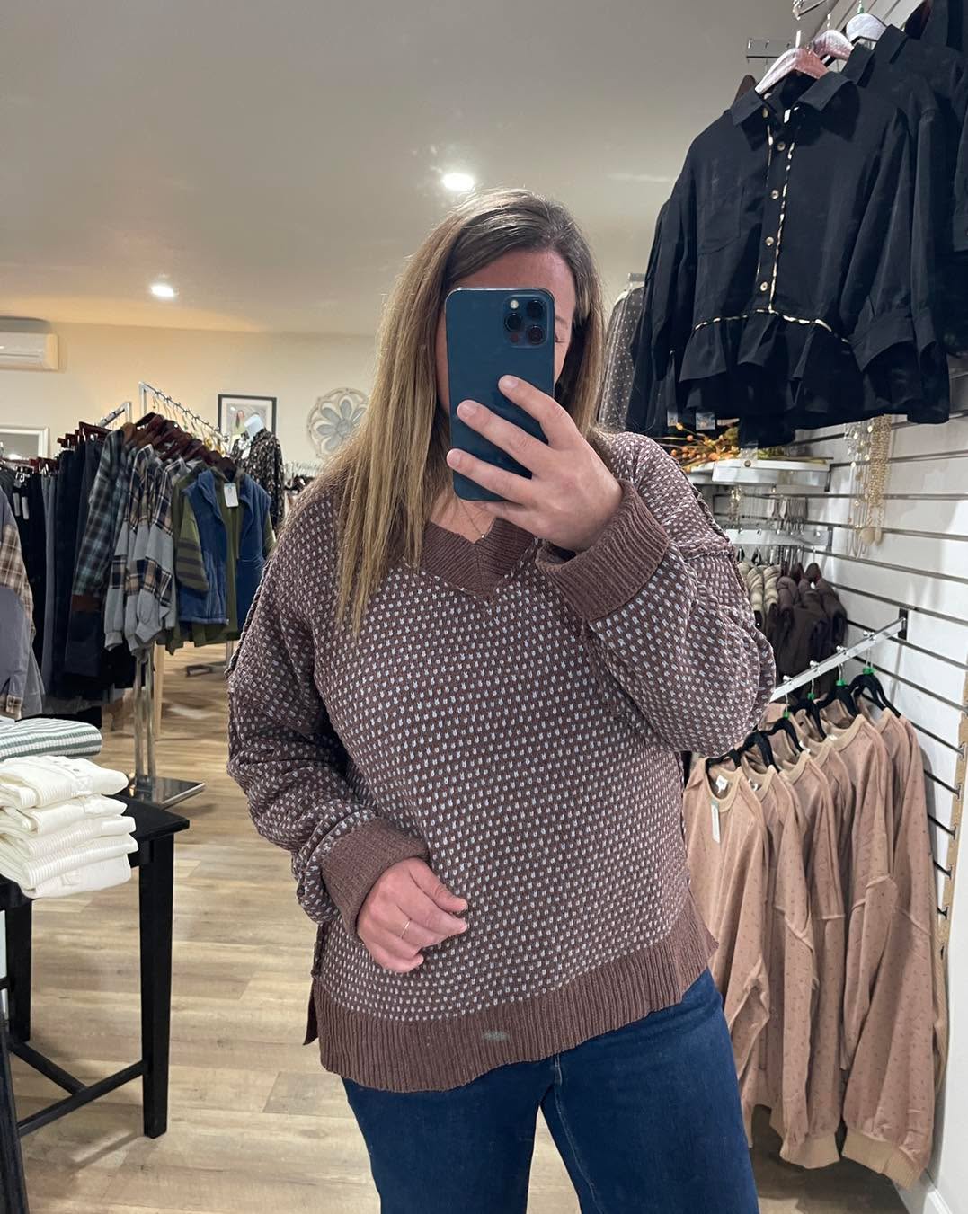 Chocolate/Blue V Neck Plush Sweater