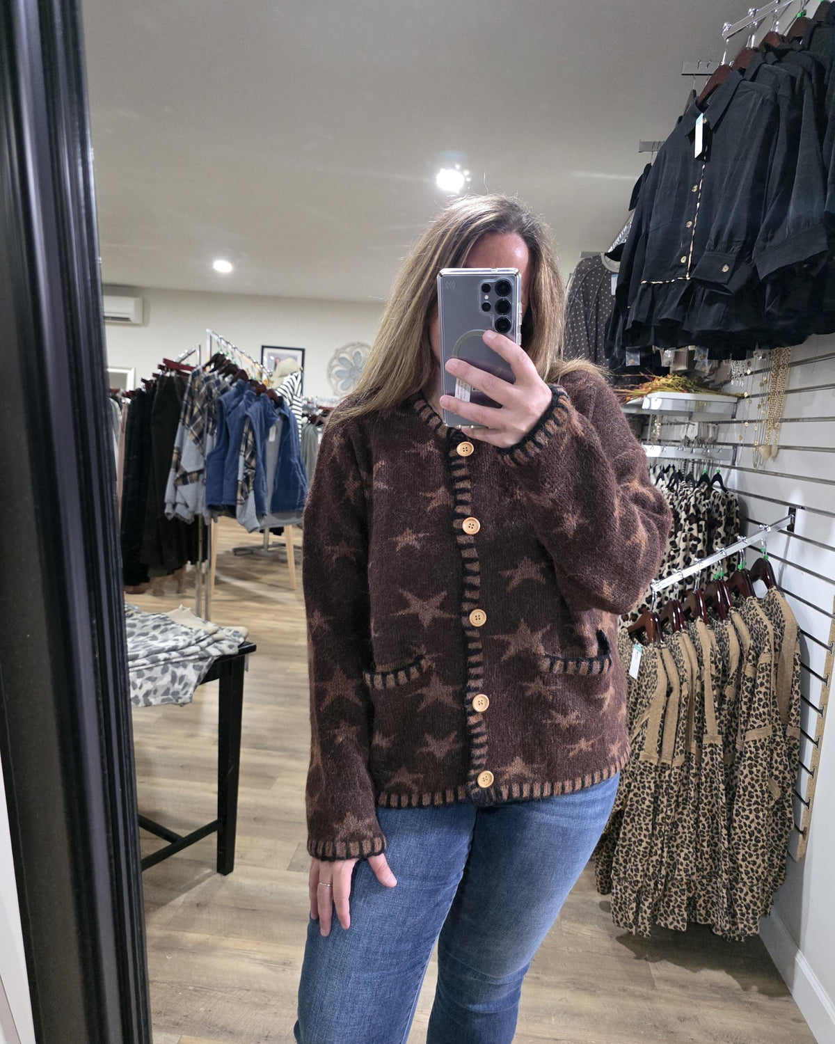 BROWN STAR BUTTON DOWN SWEATER/CARDIGAN WITH BLANKET STITCH