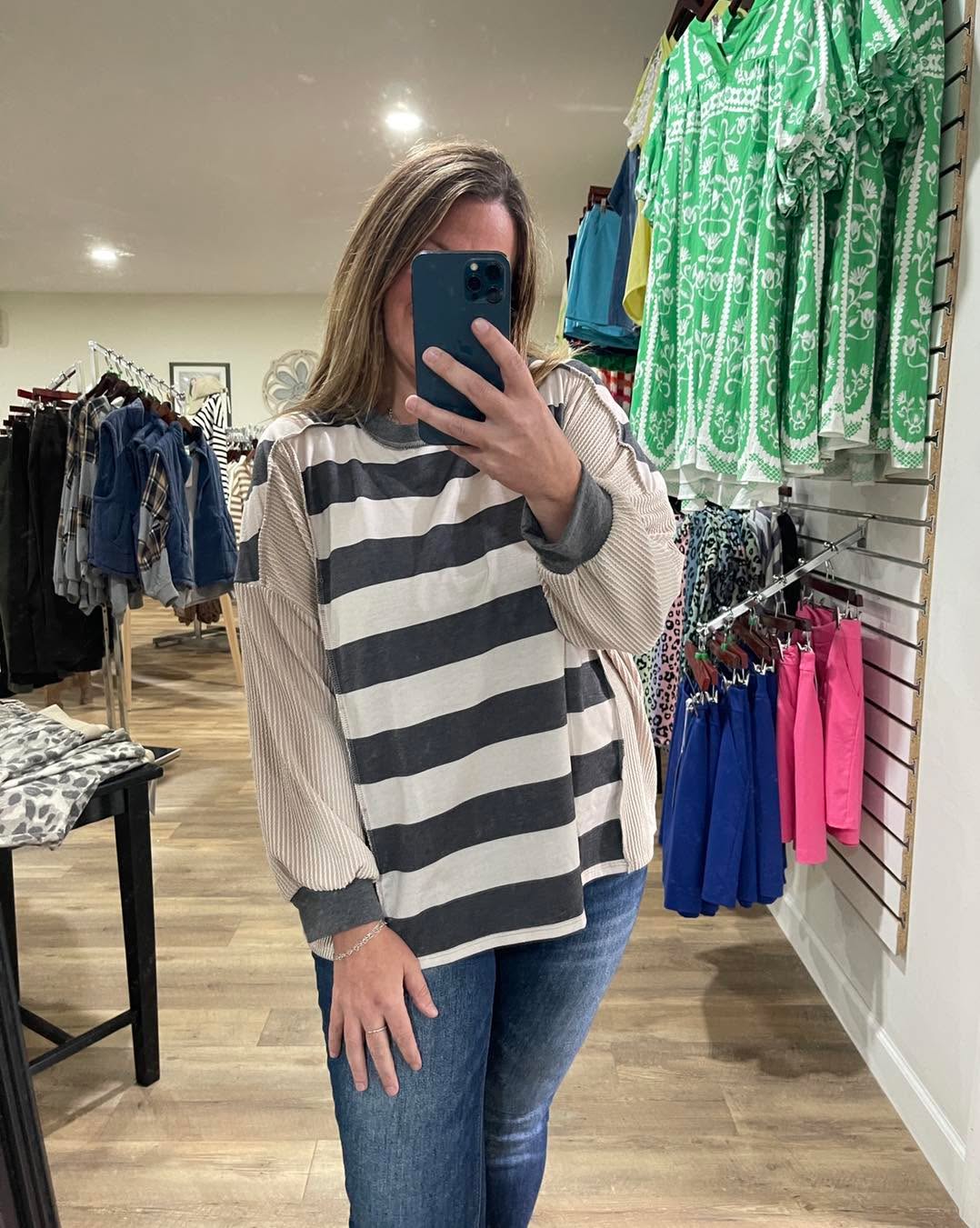 STONE/CHARCOAL WIDE STRIPED KNIT TOP W/ RAISED RIBBED ACCENT