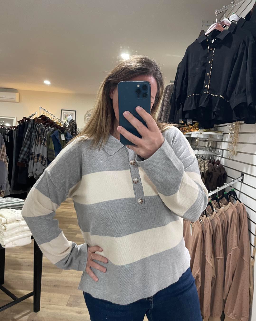 Heather Grey Wide Striped Button Neckline Oversized Sweater