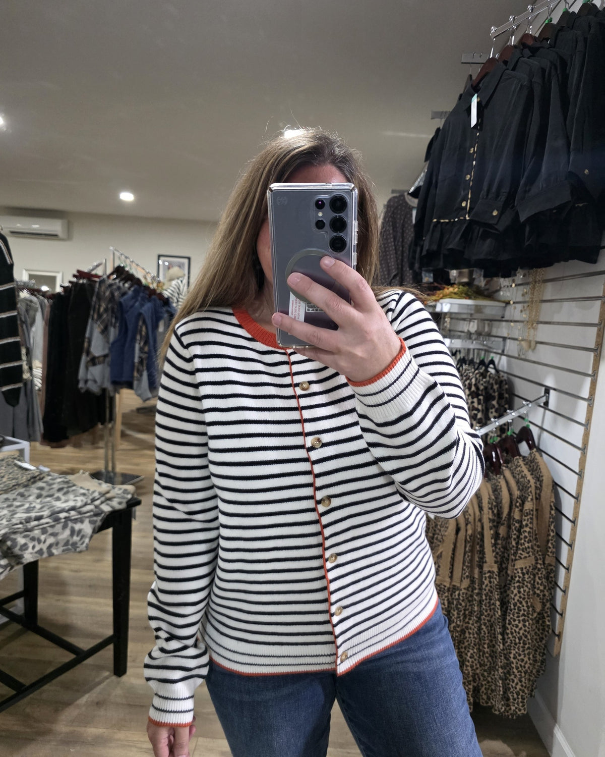 IVORY/ORANGE Color Accent, Long Sleeve, Button Down, Striped SWEATER