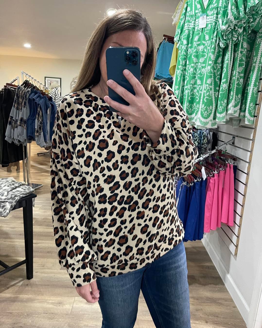 TAUPE BRUSHED KNIT ANIMAL PRINT TOP