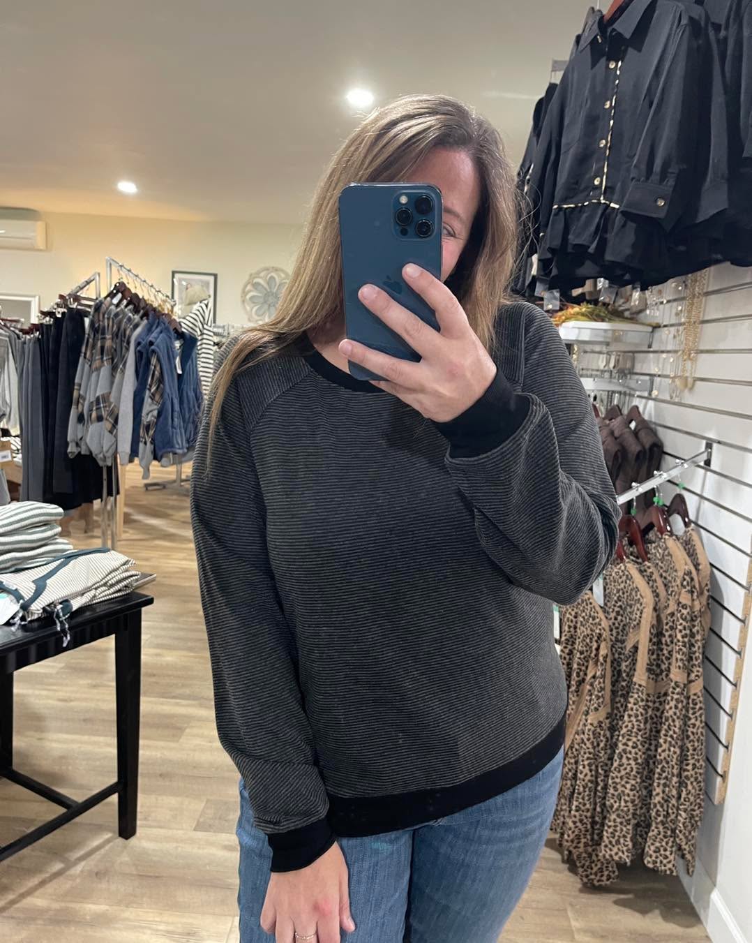 Black Crew Neck, Long Sleeve, Pinstriped Heavy Techno Top