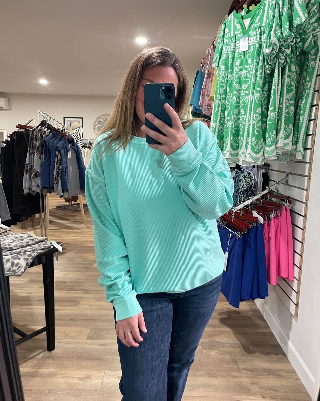 SEA CRYSTAL Corduroy Crewneck Pullover Sweatshirt With Thumbholes