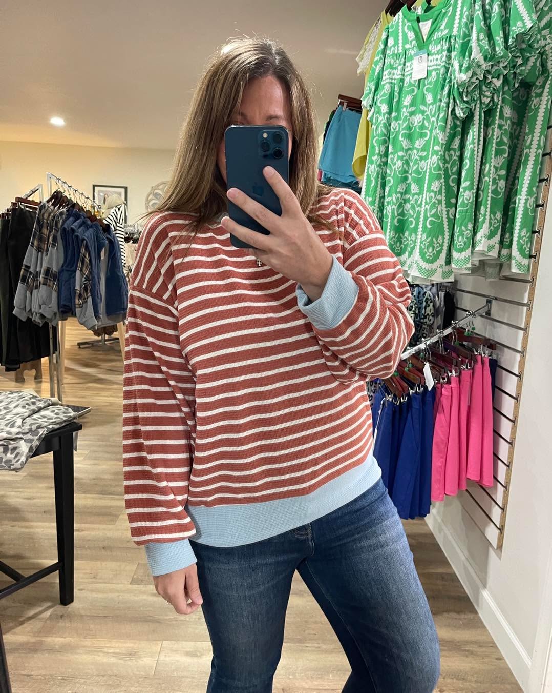 DARK MAUVE/BLUE CLOUD FABRIC STRIPED KNIT TOP