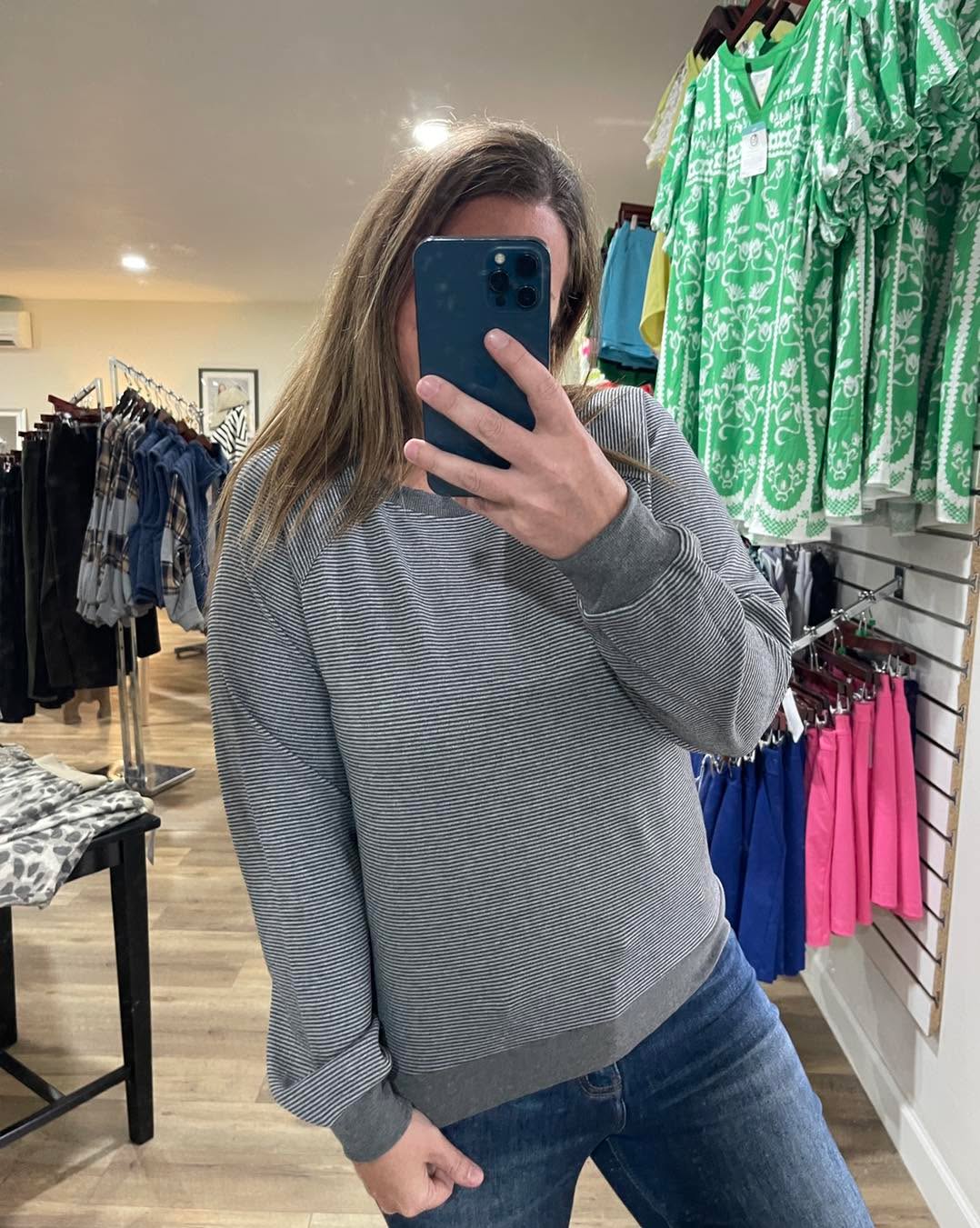 HEATHER GREY Crew Neck, Long Sleeve, Pinstriped Heavy Techno Top