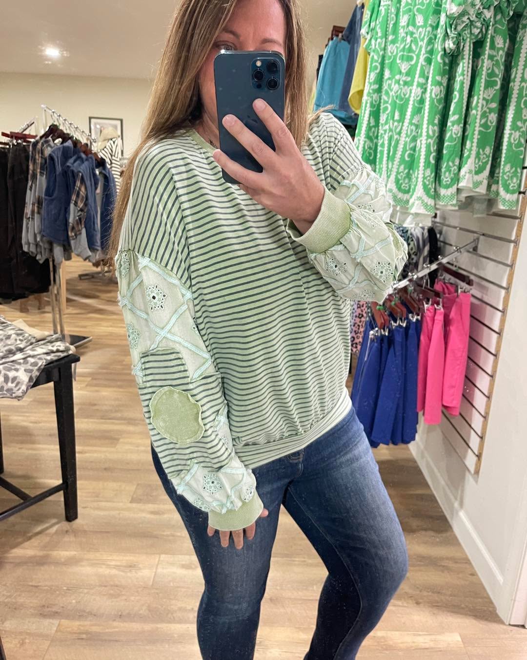 DUSTY SAGE STRIPED KNIT TOP W/ CROCHET AND FLORAL ACCENT SLEEVES