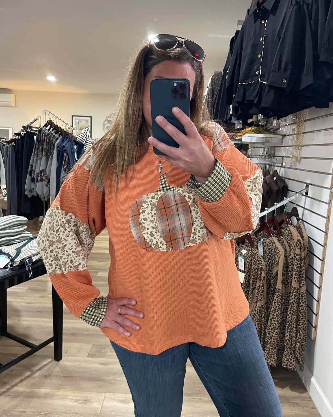 RUST Round Neck Plaid Check Floral Print Pumpkin long Sleeve Thermal Knit