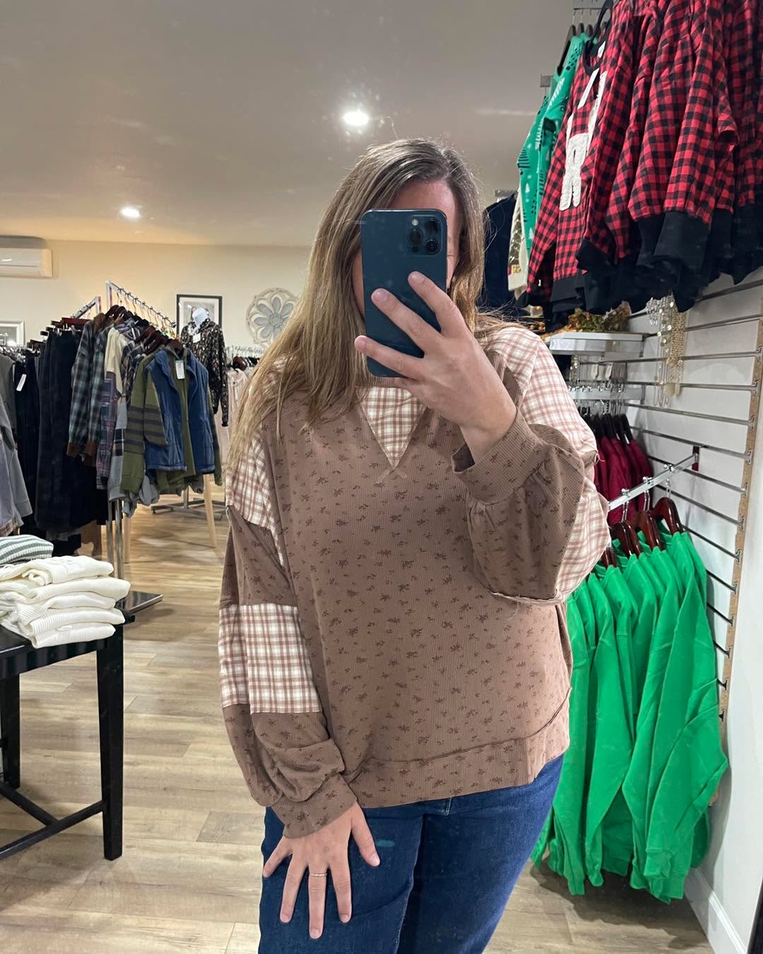 Brown Round Neck Floral Print Rib Knit Plaid Woven Color Block Raglan Bubble Long Sleeve Top