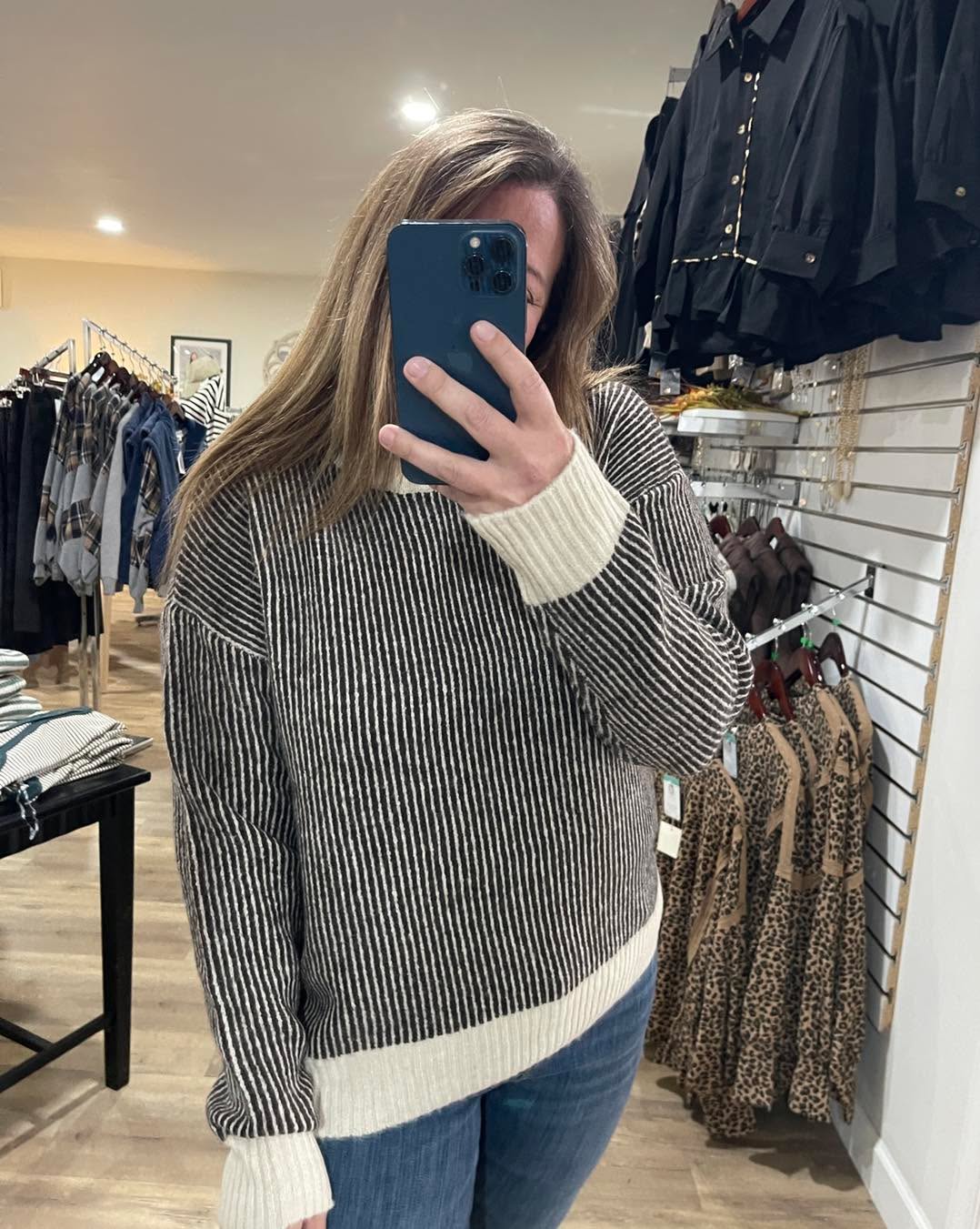 Chocolate Crew Neck, Long Sleeve, 2Tone Rib Textured Sweater