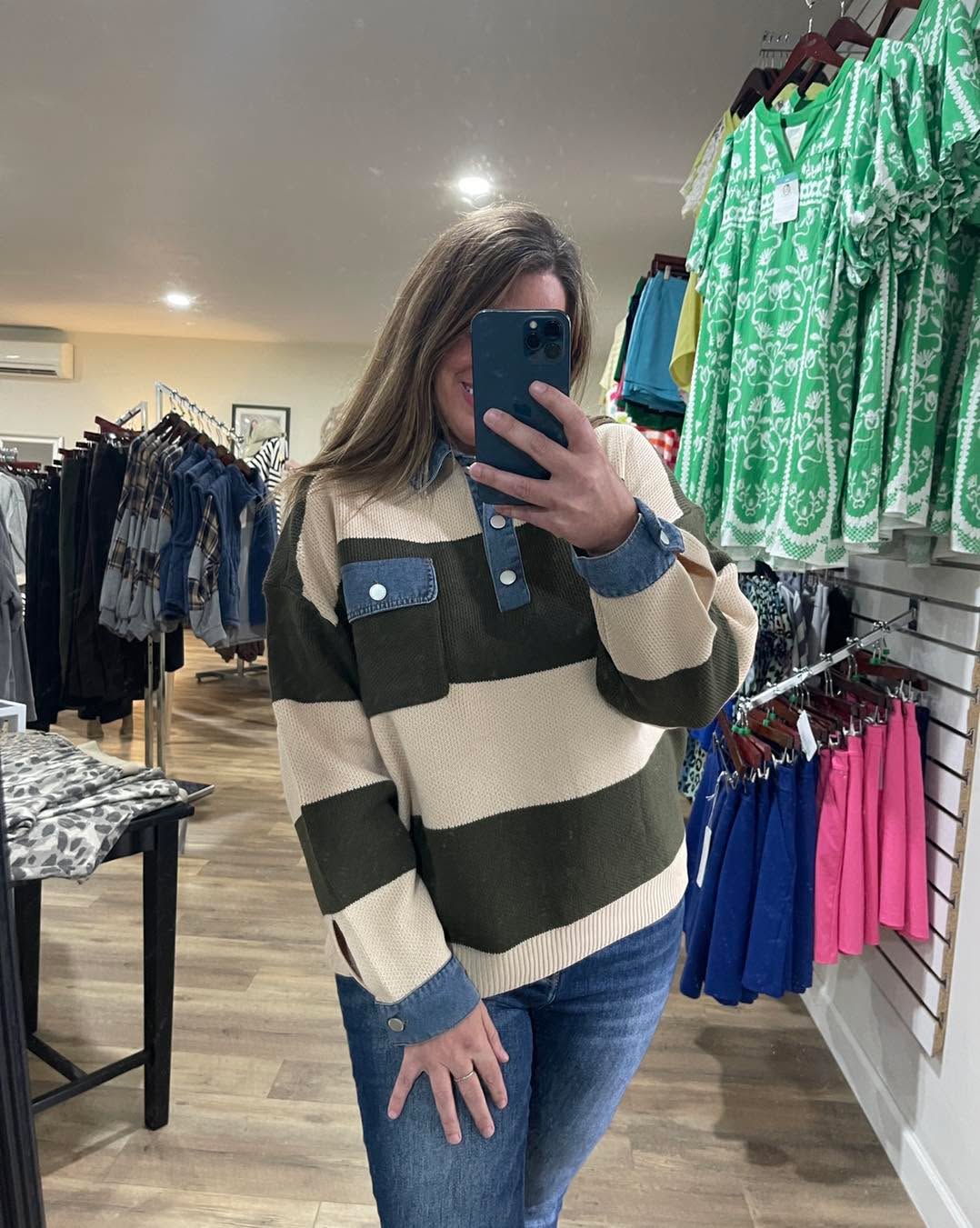 OLIVE/TAN STRIPED KNIT SWEATER W/ DENIM TRIM