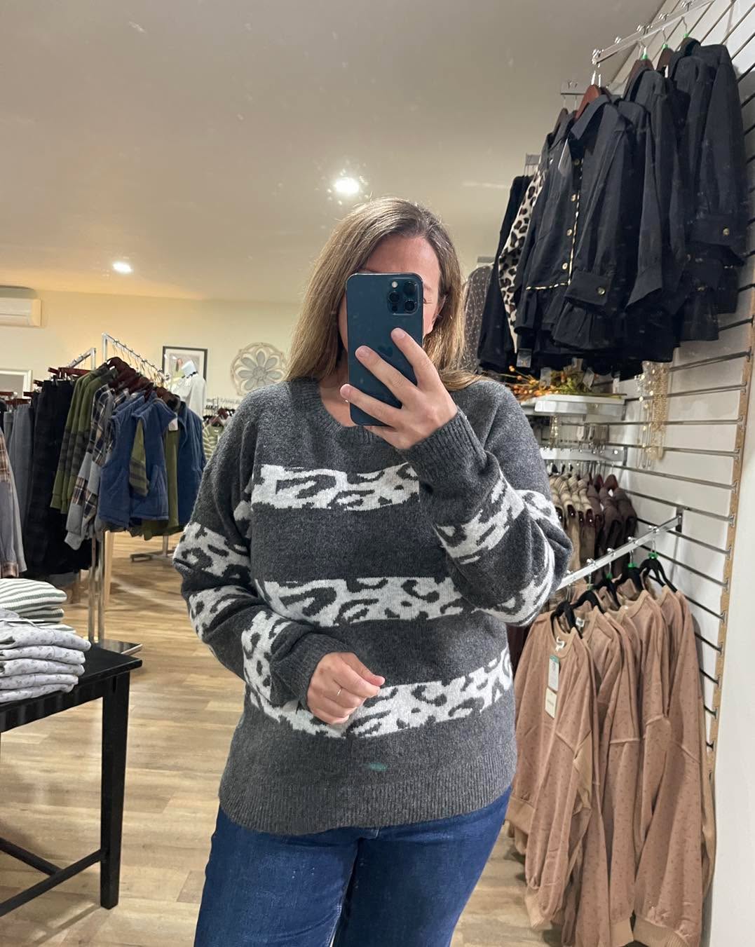 Charcoal Leopard Color Block Crew Neck Pullover Sweater
