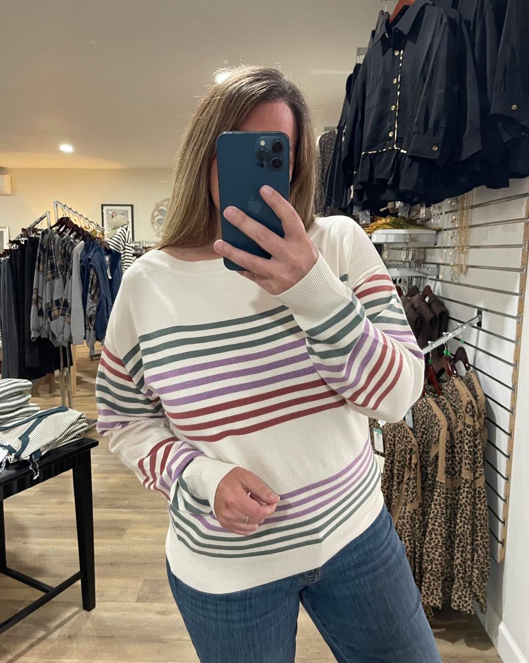 OLIVE/LAVENDER Boat Neck, Long Sleeve, Multi Color Engineer Striped Sweater