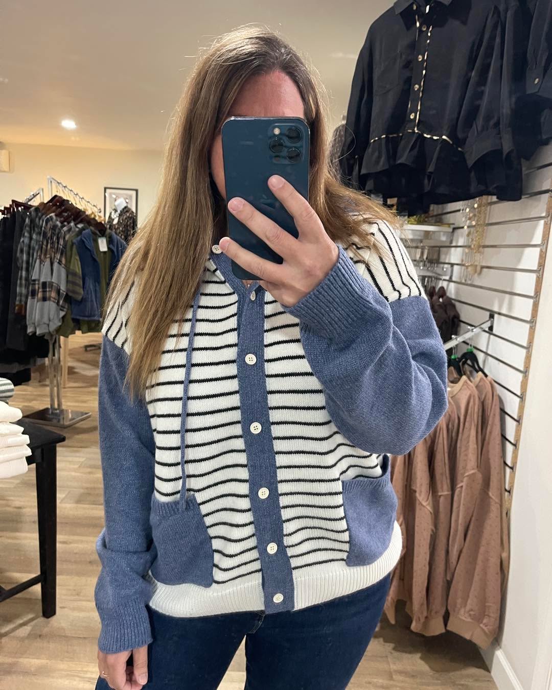 IVORY/DENIM Striped, Hoodie, Button Down Jacket Cardigan Sweater