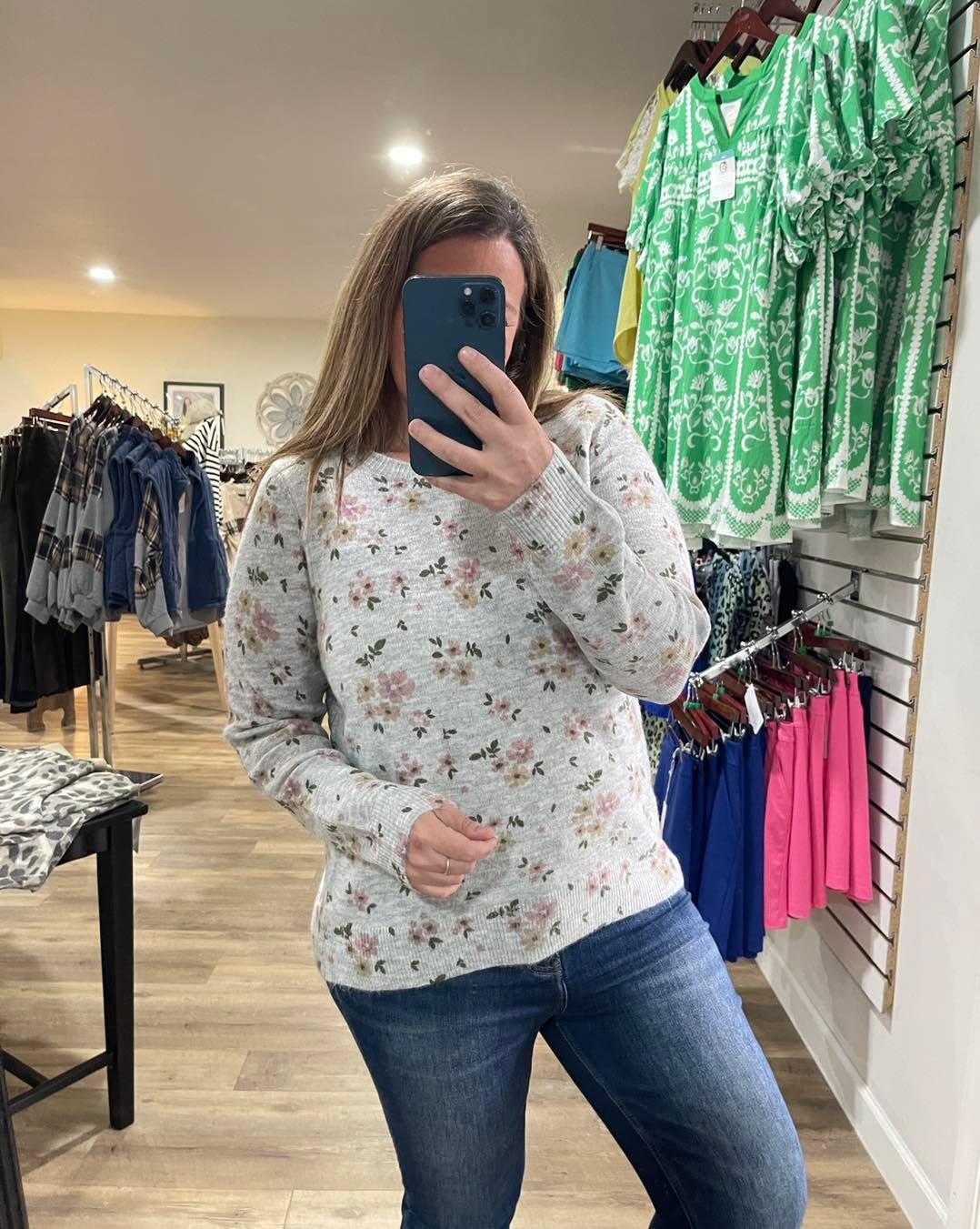 H GREY Flower Printed, Long Sleeve, Super Soft, Crew Neck Light Weight Sweater