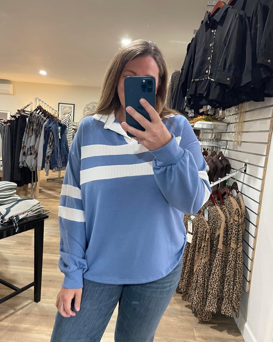 SLATE BLUE FRENCH TERRY RAISED RIBBED CONTRAST KNIT TOP