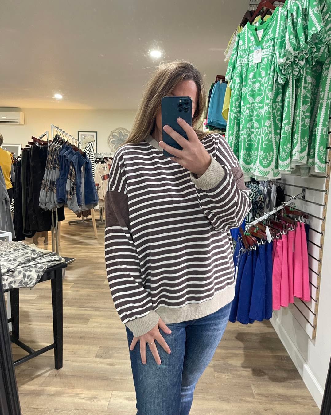BROWN/TAUPE STRIPED KNIT LONG SLEEVE CLOUD FABRIC TOP