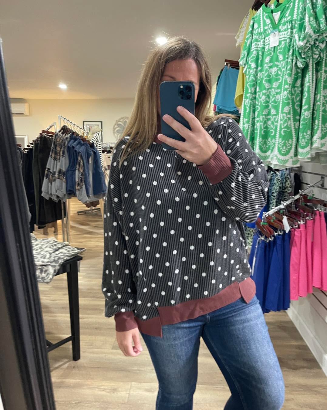 CHARCOAL POLKADOT  RIBBED KNIT TOP W/ RUST TRIM